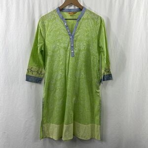 April Cornell Green Floral Embroidered Blue Trim Tunic Top Womens Size S Boho